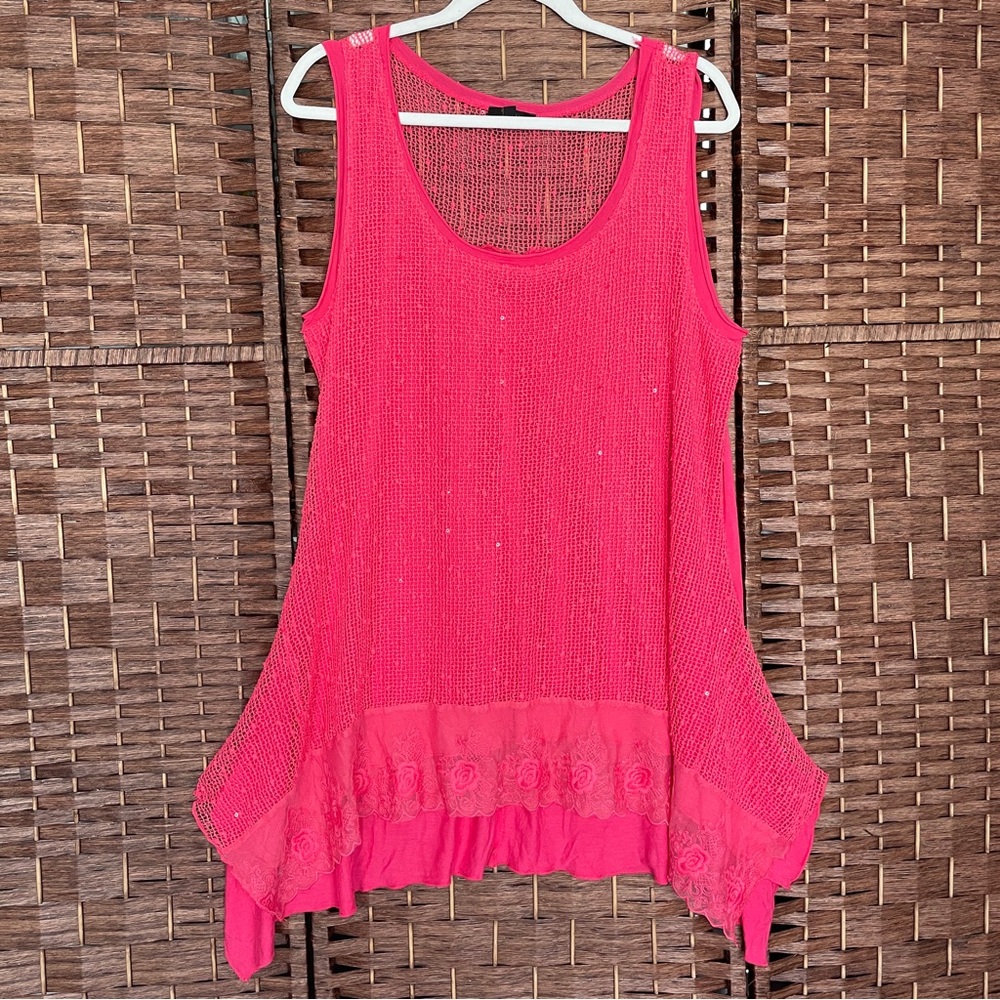 Cupio Sleeveless Coral Tunic, Y2K, Fairycore,Boho, Crochet Lace, Size XL.